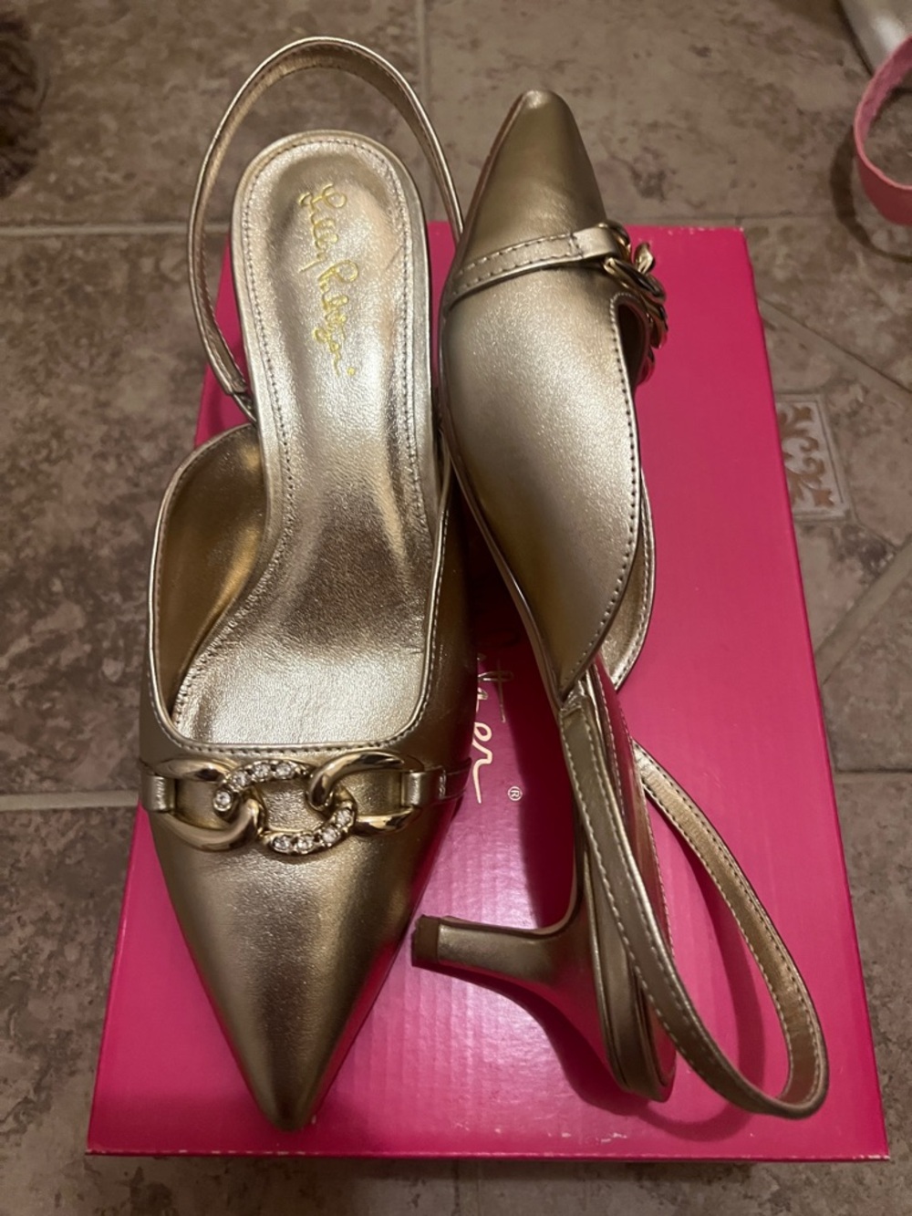 Lilly Pulitzer Metallic Gold Pointed Slingback Heels with Crystal Chain